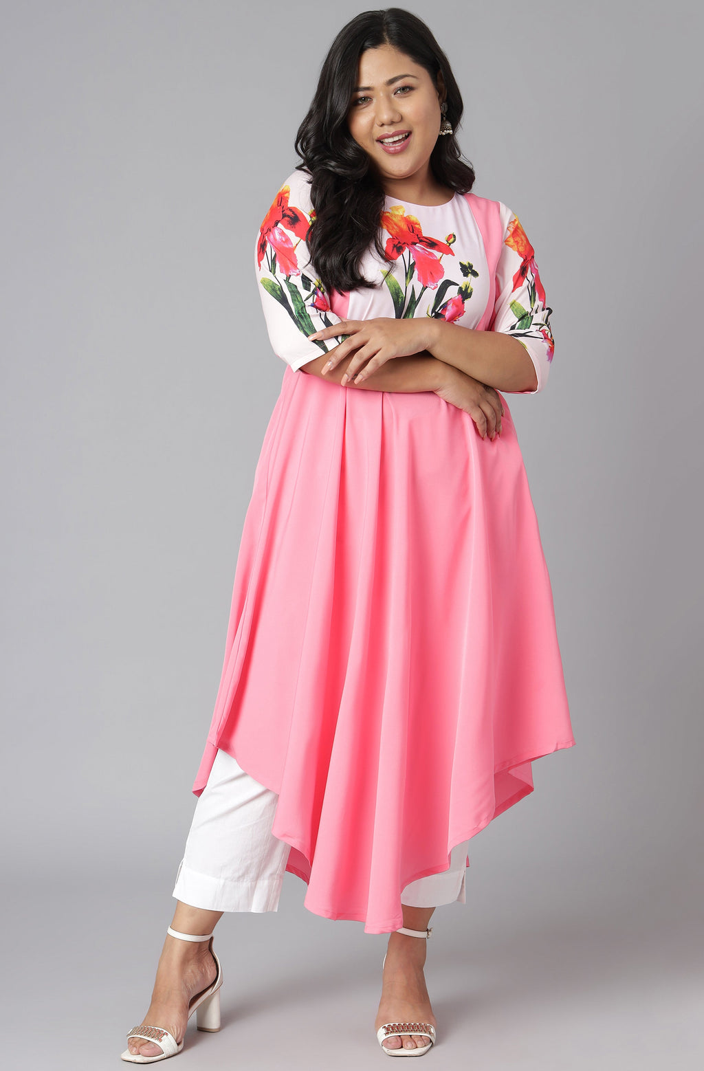 Janasya Women's Pink Poly Crepe Floral Print Casual Flared Kurta | Grocsy