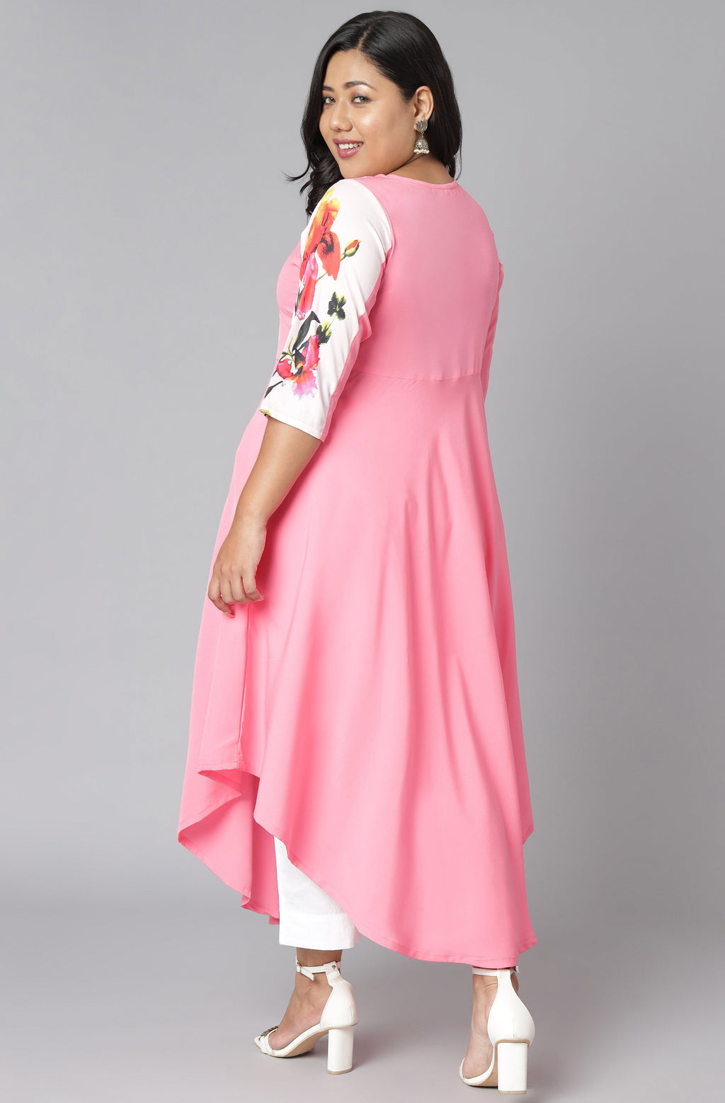Janasya Women's Pink Poly Crepe Floral Print Casual Flared Kurta | Grocsy