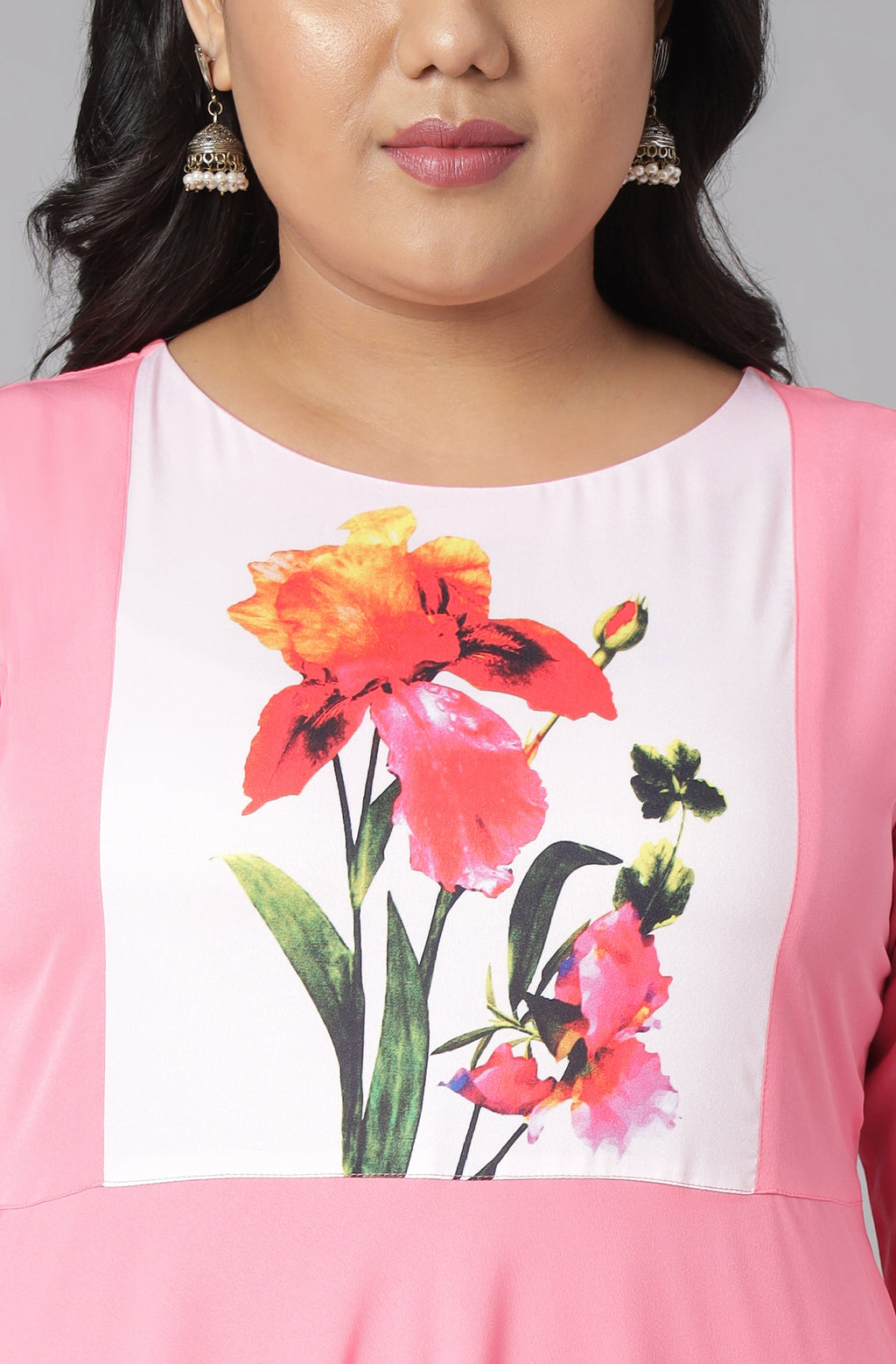 Janasya Women's Pink Poly Crepe Floral Print Casual Flared Kurta | Grocsy