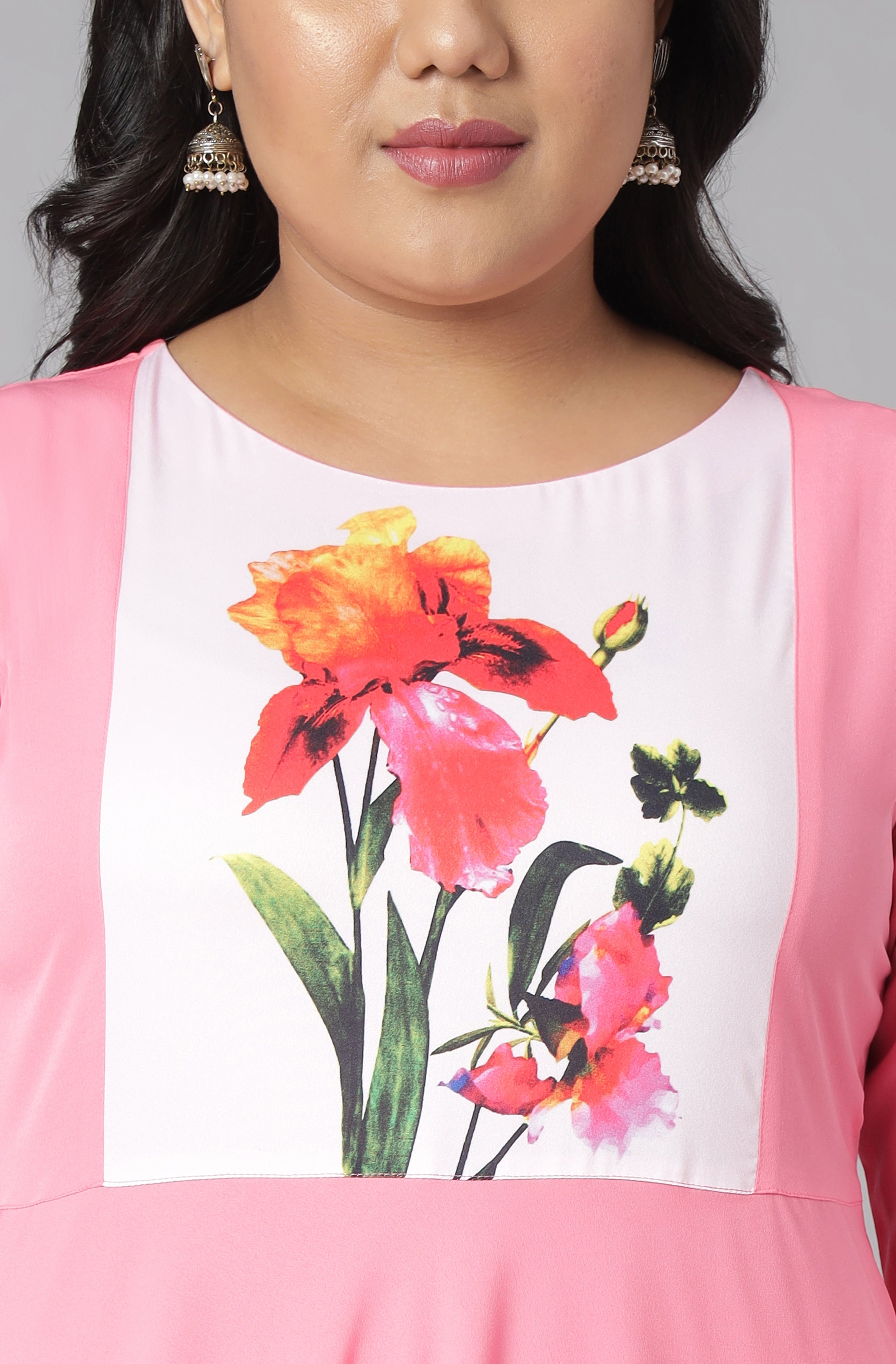 Janasya Women's Pink Poly Crepe Floral Print Casual Flared Kurta | Grocsy
