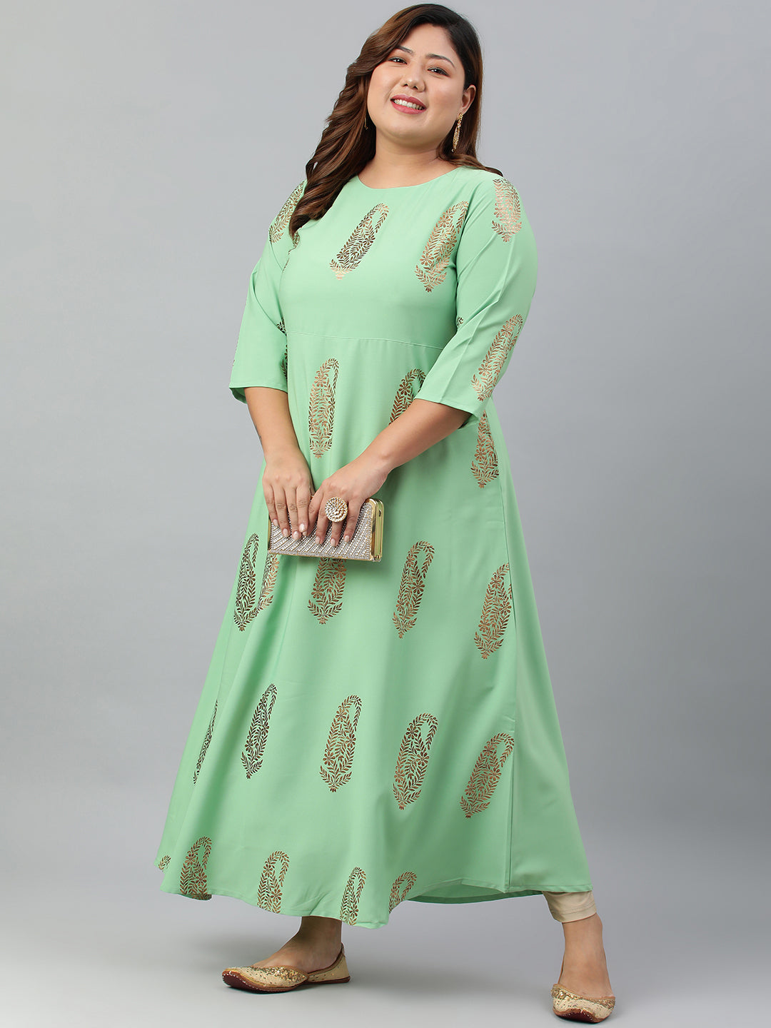 Janasya Women's Light Green Poly Crepe Foil Print Casual A-line kurta | Grocsy