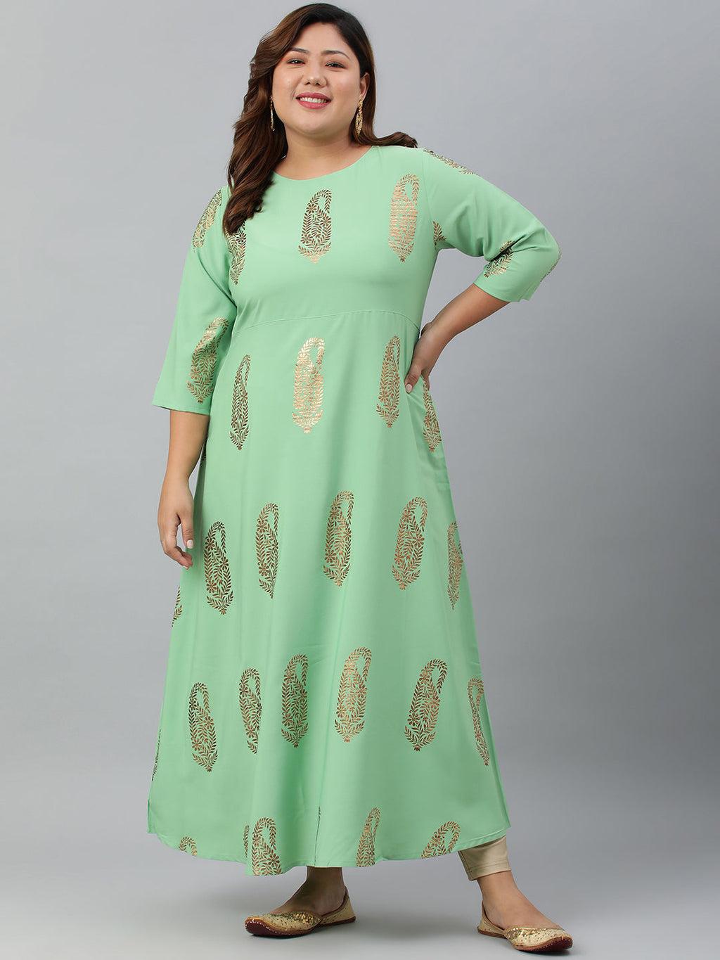 Janasya Women's Light Green Poly Crepe Foil Print Casual A-line kurta | Grocsy