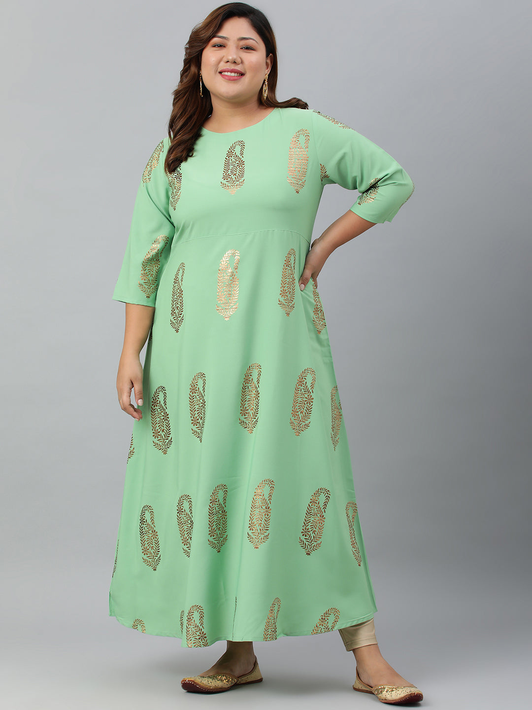 Janasya Women's Light Green Poly Crepe Foil Print Casual A-line kurta | Grocsy