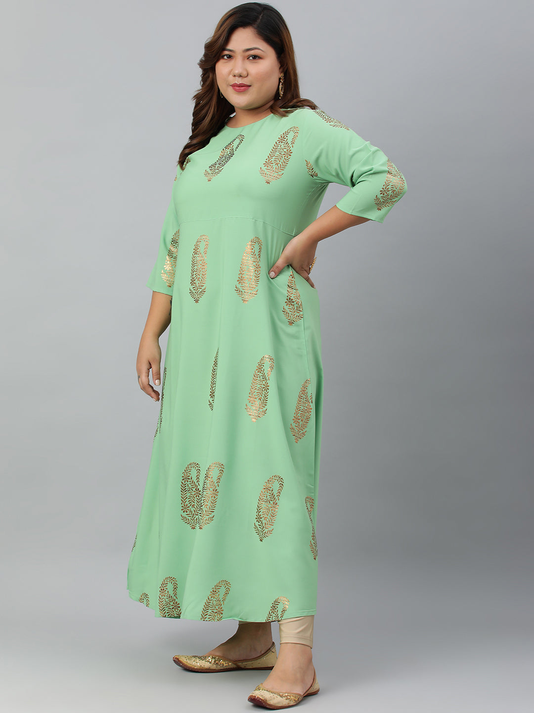 Janasya Women's Light Green Poly Crepe Foil Print Casual A-line kurta | Grocsy