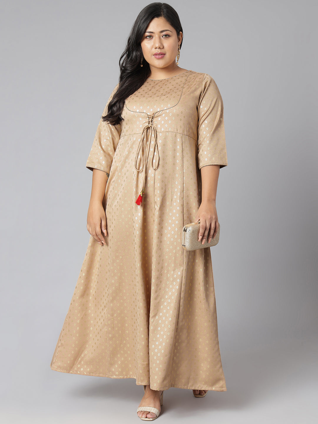 Janasya Women's Beige Poly Silk Foil Print Festive & Party Anarkali Kurta | Grocsy