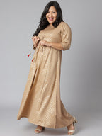 Janasya Women's Beige Poly Silk Foil Print Festive & Party Anarkali Kurta | Grocsy