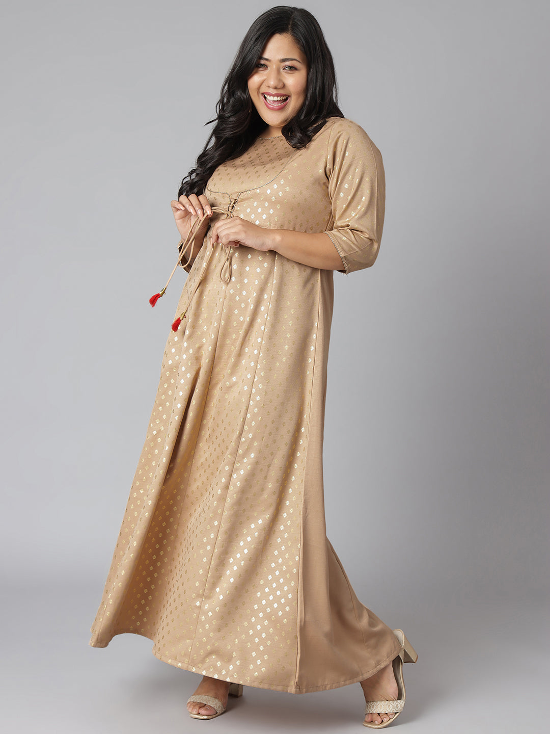 Janasya Women's Beige Poly Silk Foil Print Festive & Party Anarkali Kurta | Grocsy