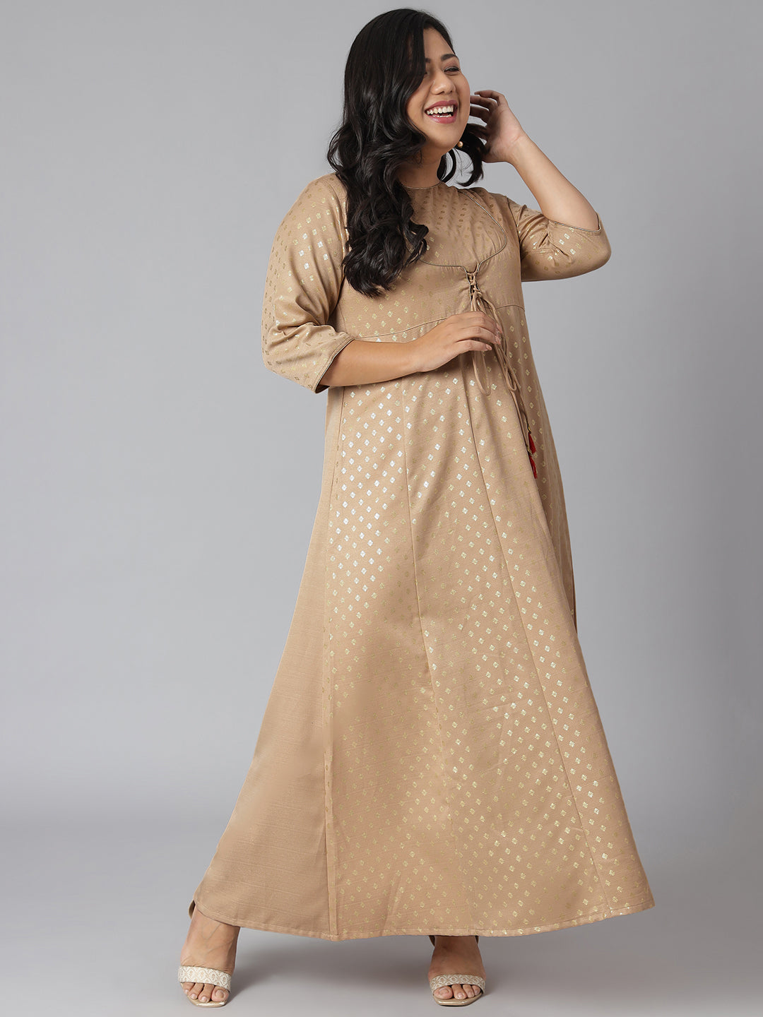 Janasya Women's Beige Poly Silk Foil Print Festive & Party Anarkali Kurta | Grocsy