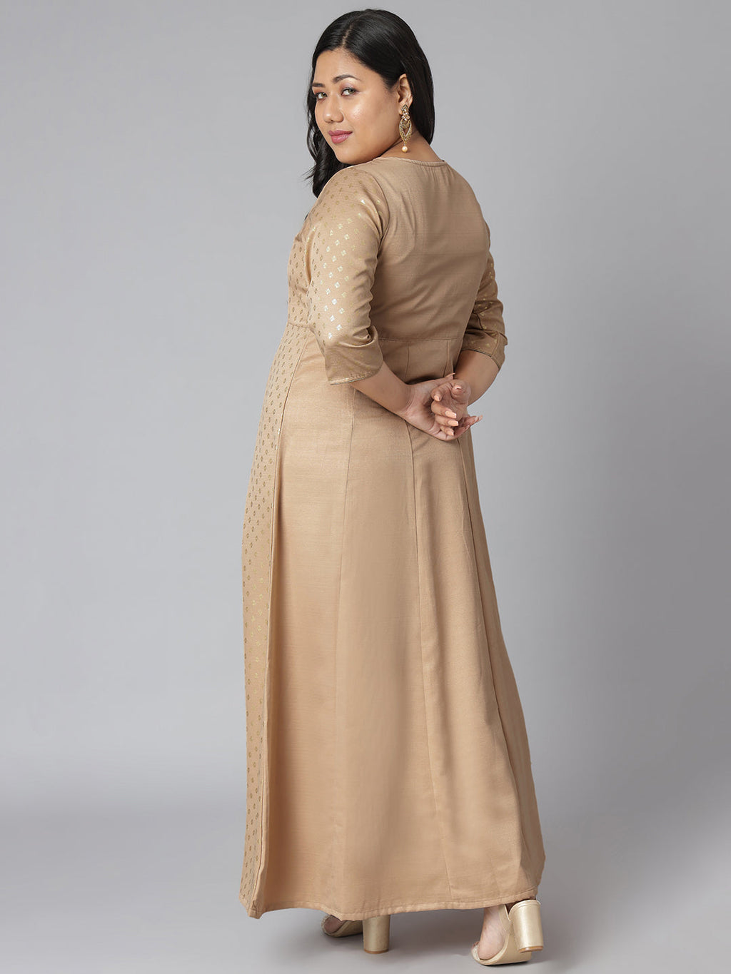 Janasya Women's Beige Poly Silk Foil Print Festive & Party Anarkali Kurta | Grocsy