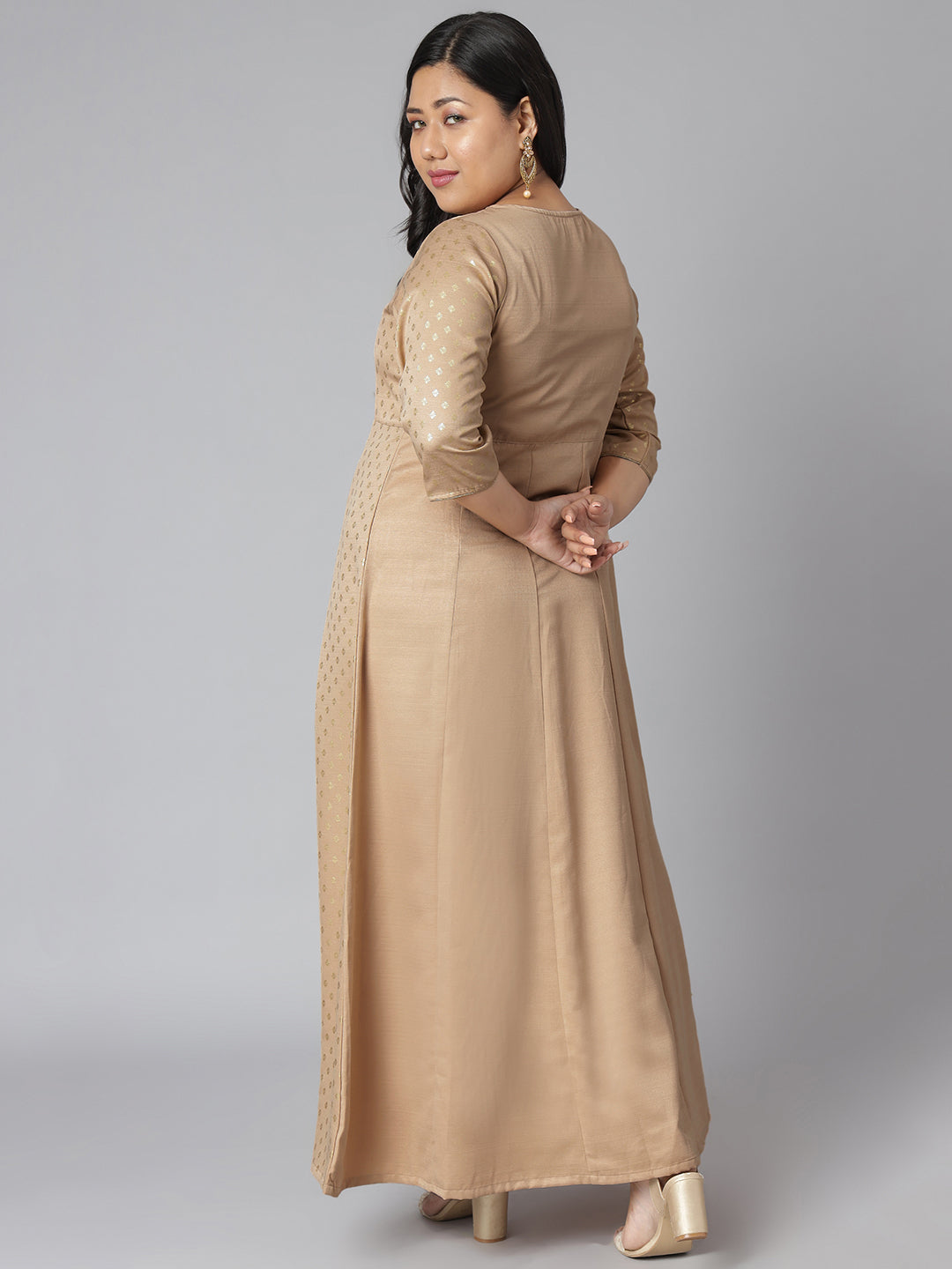 Janasya Women's Beige Poly Silk Foil Print Festive & Party Anarkali Kurta | Grocsy