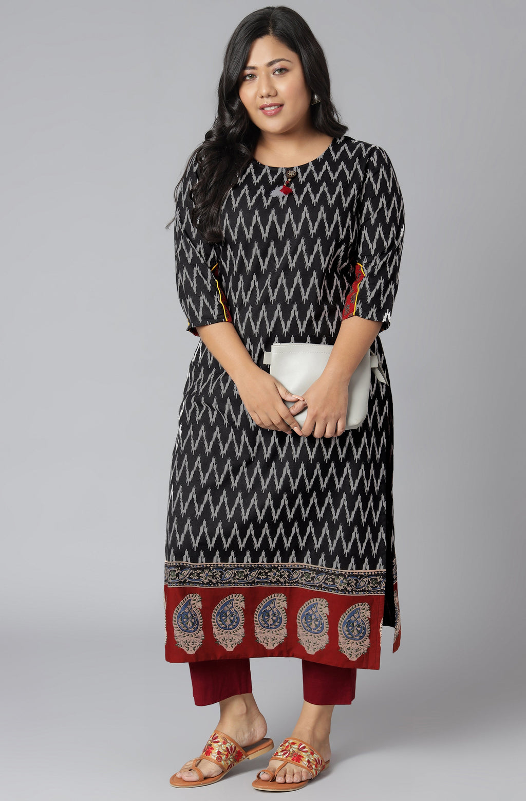 Janasya Women's Black Cotton Flex Ikat Casual Straight Kurta | Grocsy