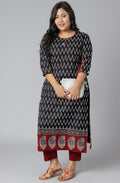 Janasya Women's Black Cotton Flex Ikat Casual Straight Kurta | Grocsy