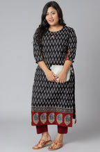 Janasya Women's Black Cotton Flex Ikat Casual Straight Kurta | Grocsy