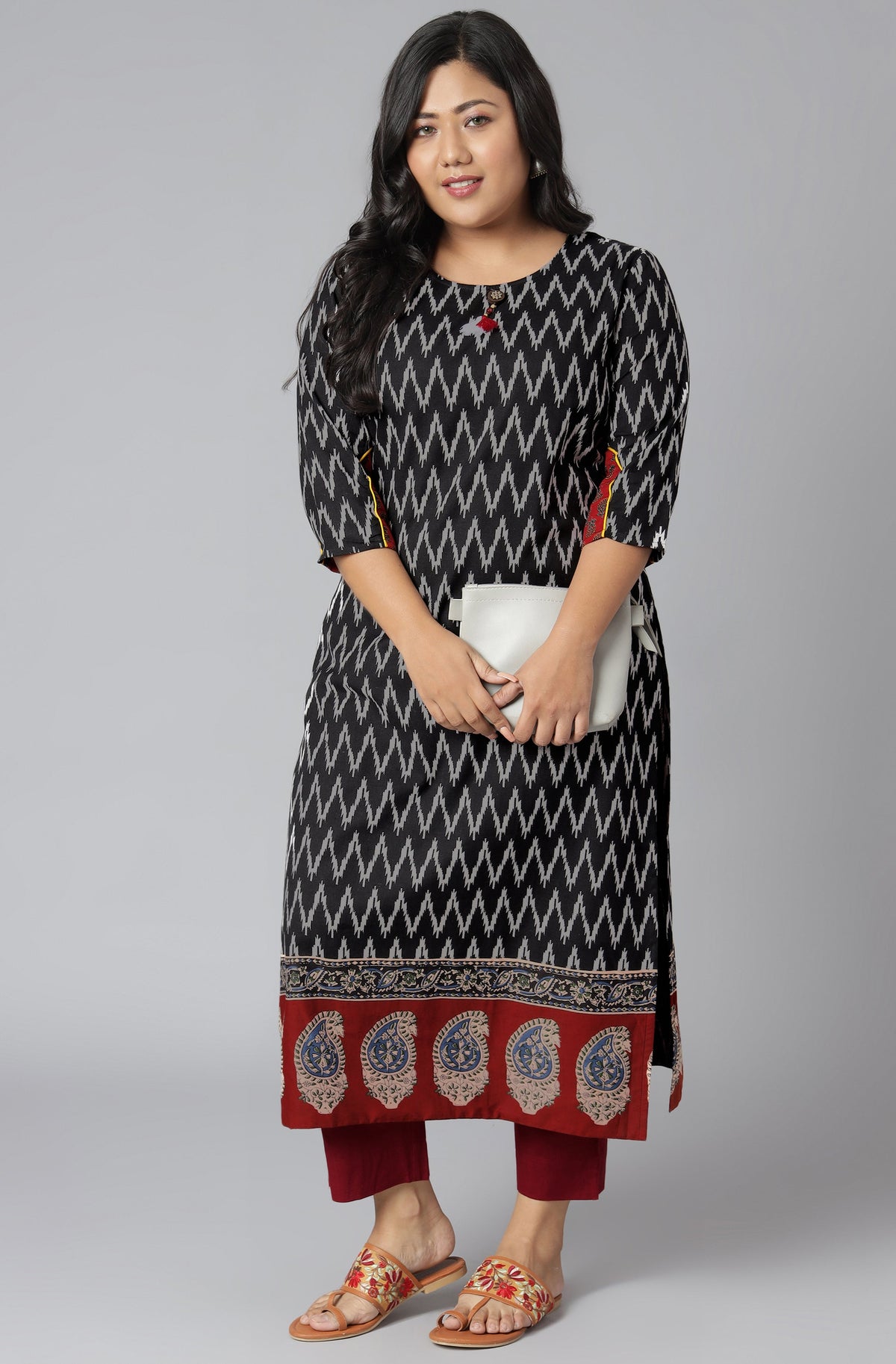 Janasya Women's Black Cotton Flex Ikat Casual Straight Kurta | Grocsy