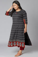 Janasya Women's Black Cotton Flex Ikat Casual Straight Kurta | Grocsy