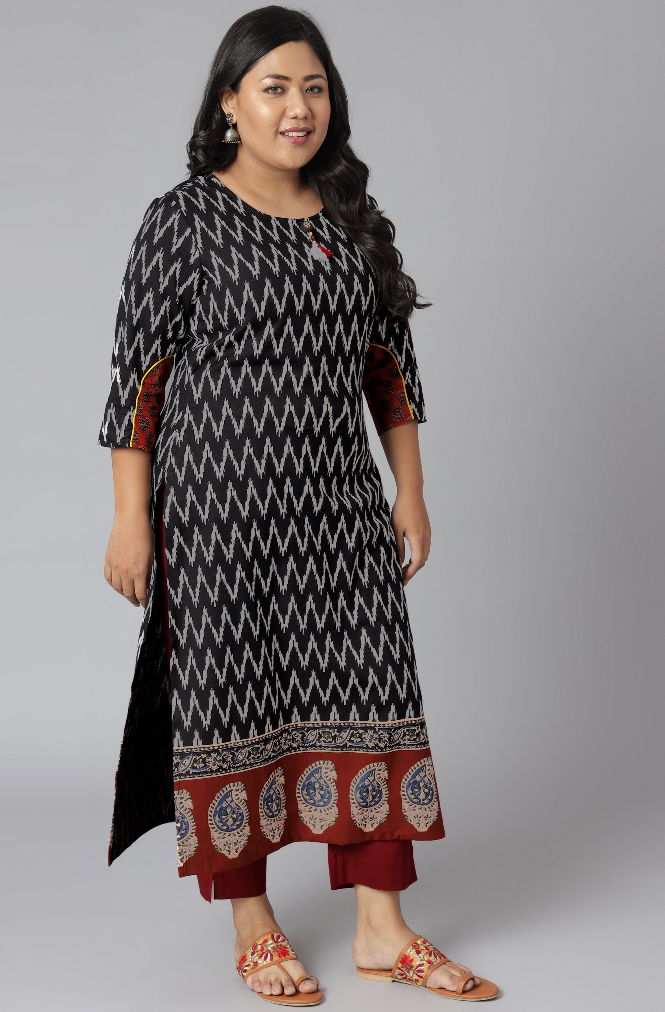 Janasya Women's Black Cotton Flex Ikat Casual Straight Kurta | Grocsy