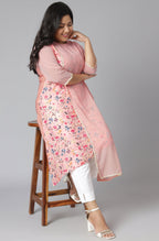 Janasya Women's Pink Poly Crepe Floral Print Casual High Low Kurta | Grocsy