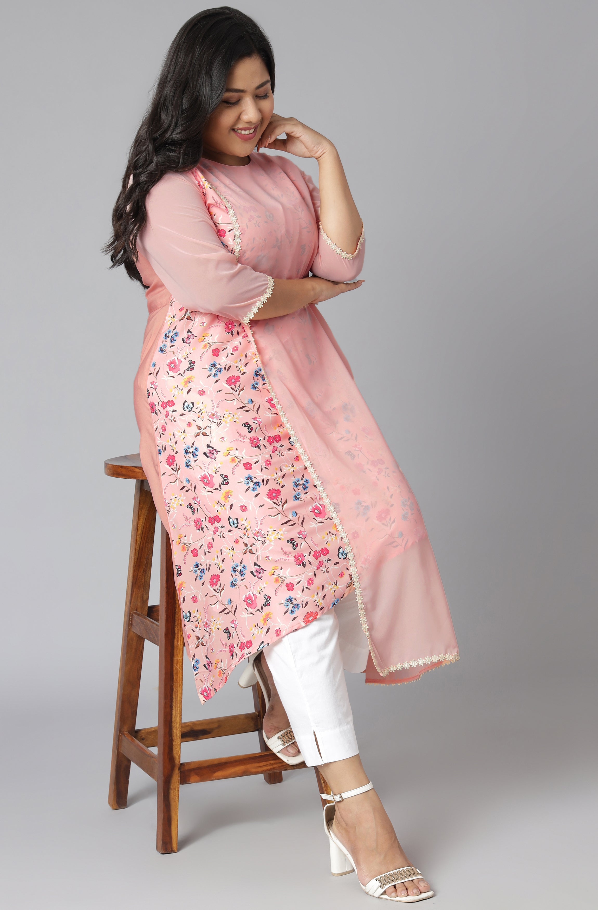 Janasya Women's Pink Poly Crepe Floral Print Casual High Low Kurta | Grocsy