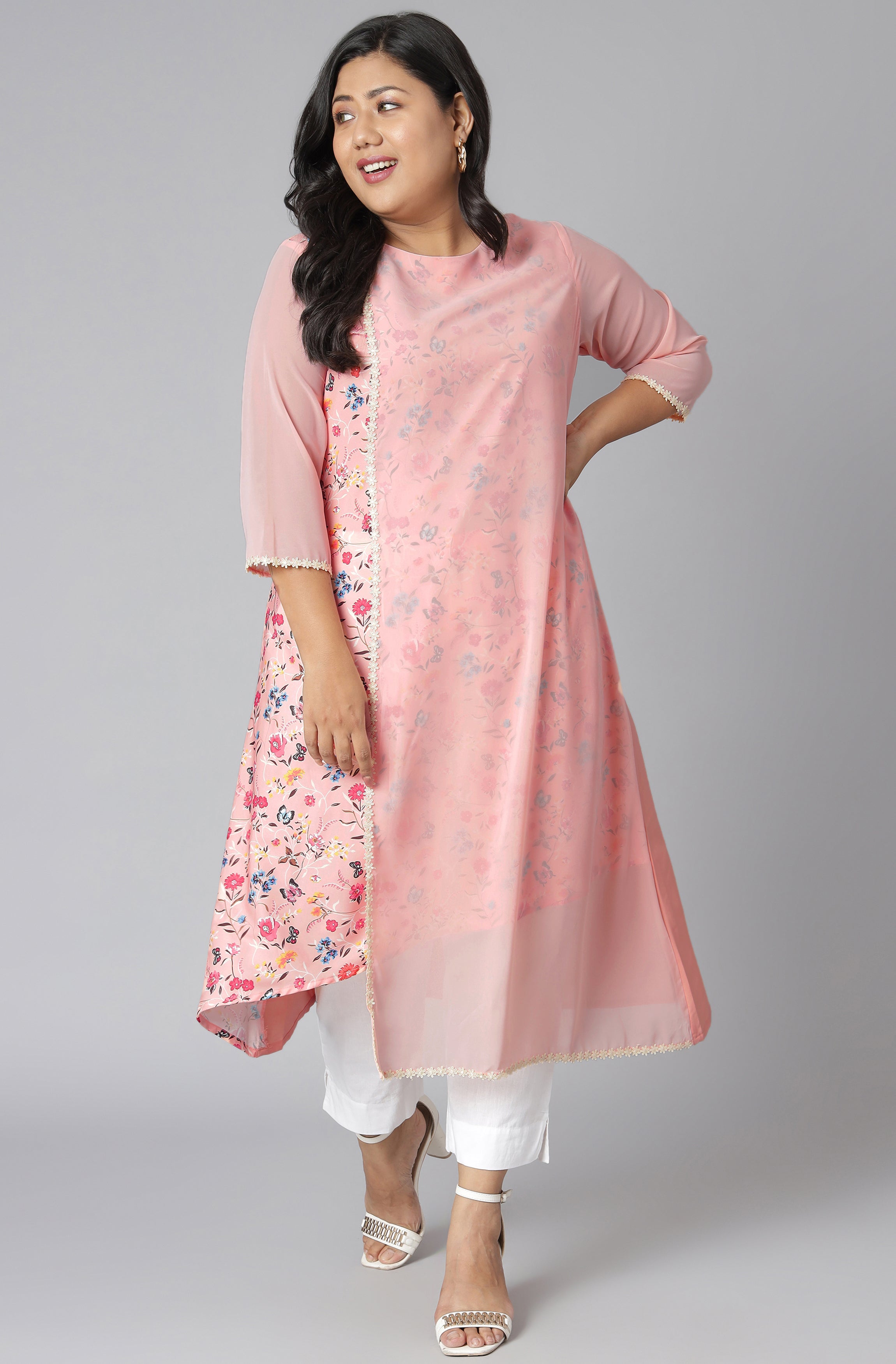 Janasya Women's Pink Poly Crepe Floral Print Casual High Low Kurta | Grocsy