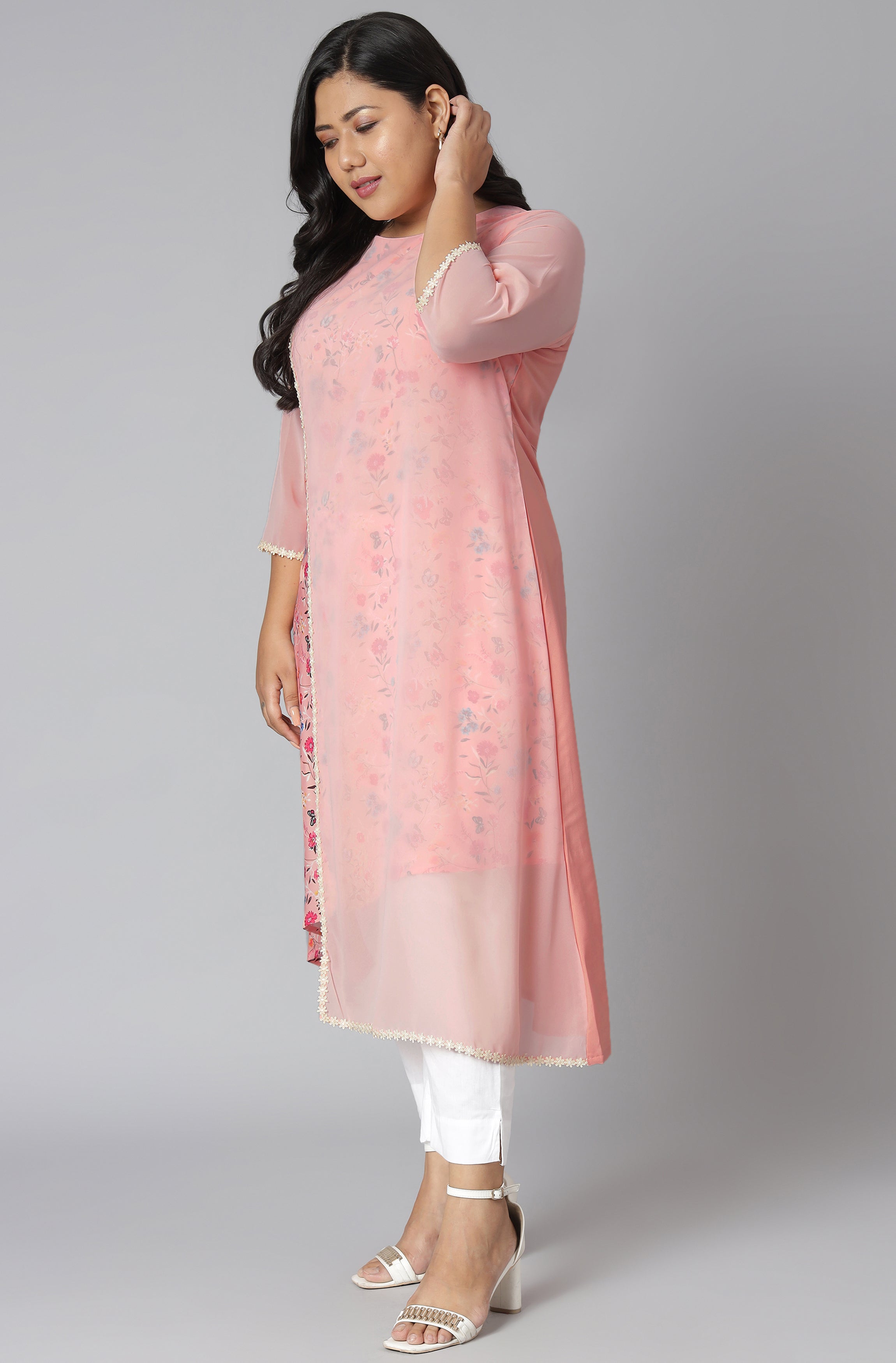 Janasya Women's Pink Poly Crepe Floral Print Casual High Low Kurta | Grocsy