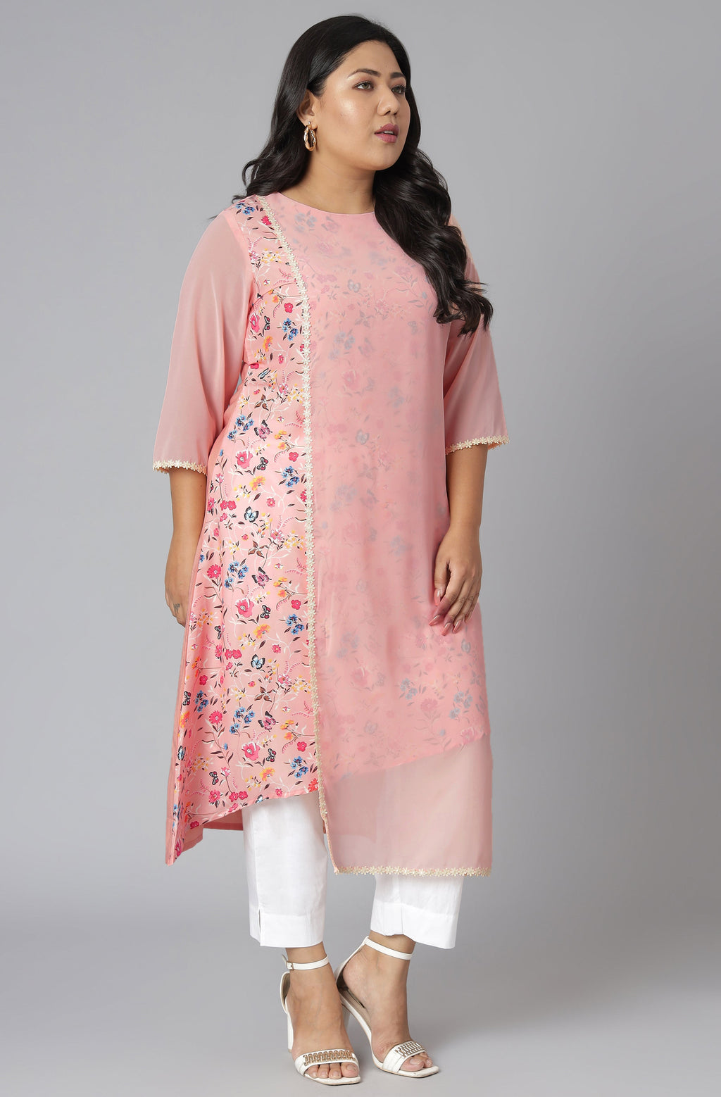Janasya Women's Pink Poly Crepe Floral Print Casual High Low Kurta | Grocsy