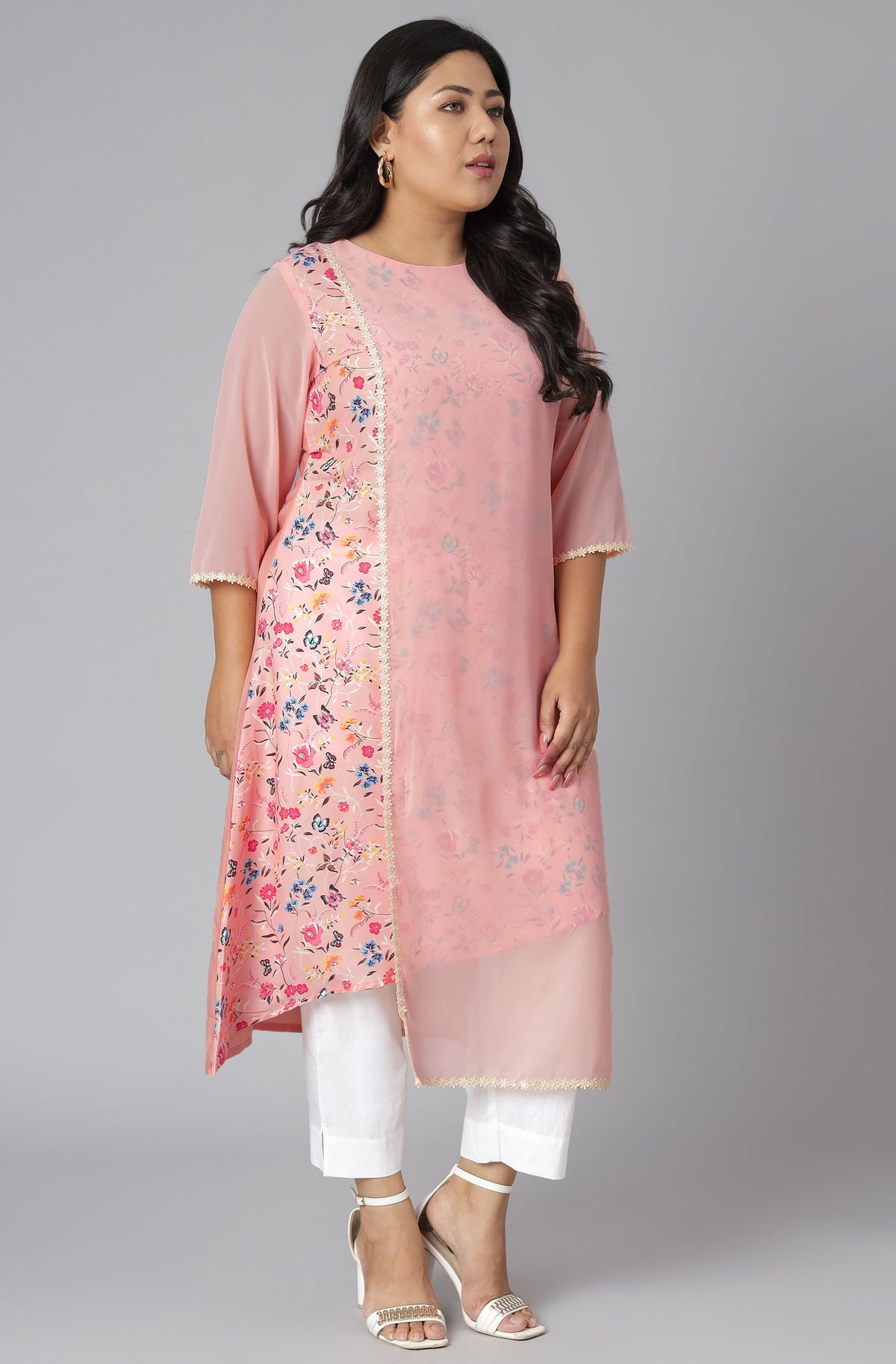 Janasya Women's Pink Poly Crepe Floral Print Casual High Low Kurta | Grocsy