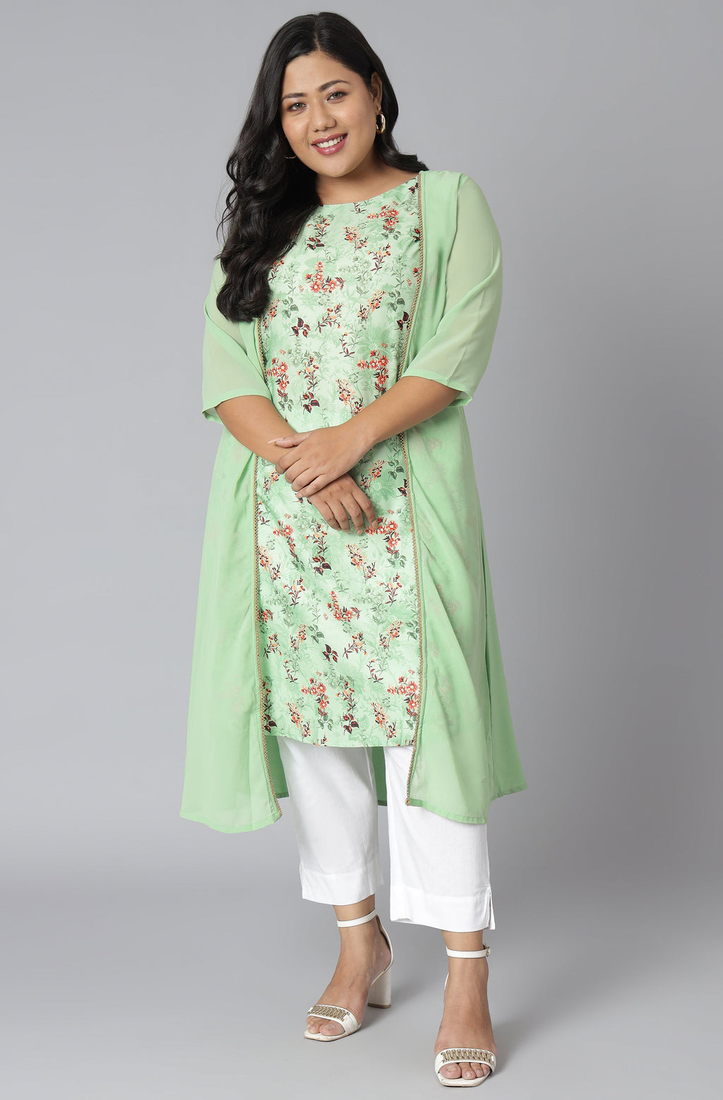 Janasya Women's Green Poly Crepe Floral Print Casual A-line Kurta | Grocsy