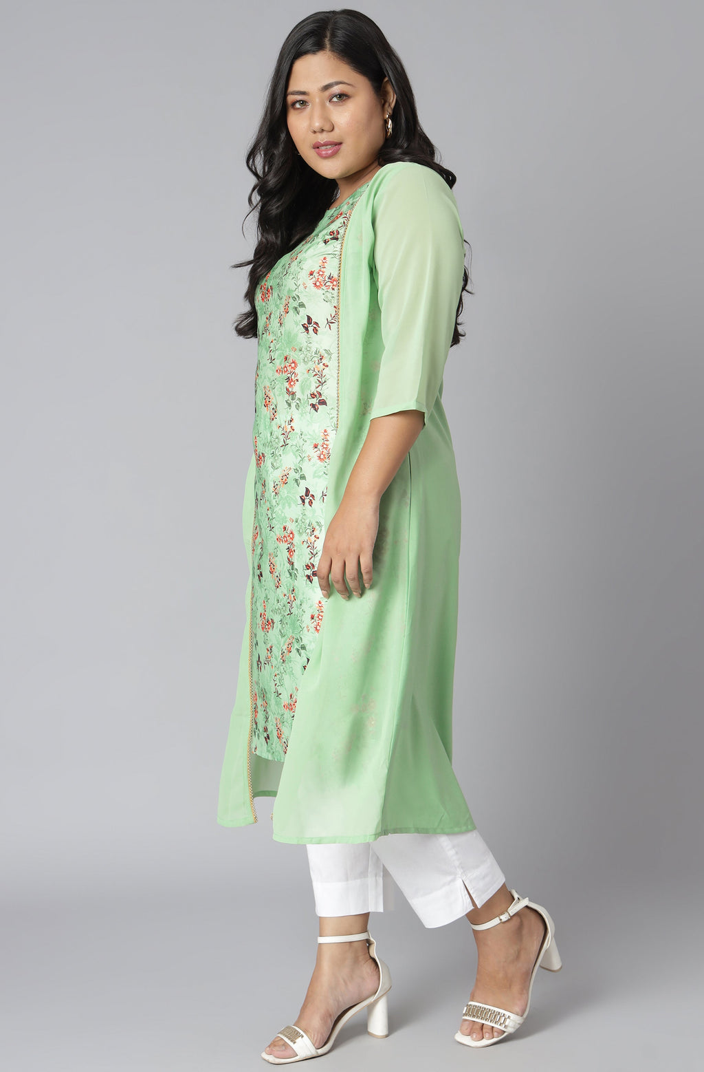 Janasya Women's Green Poly Crepe Floral Print Casual A-line Kurta | Grocsy