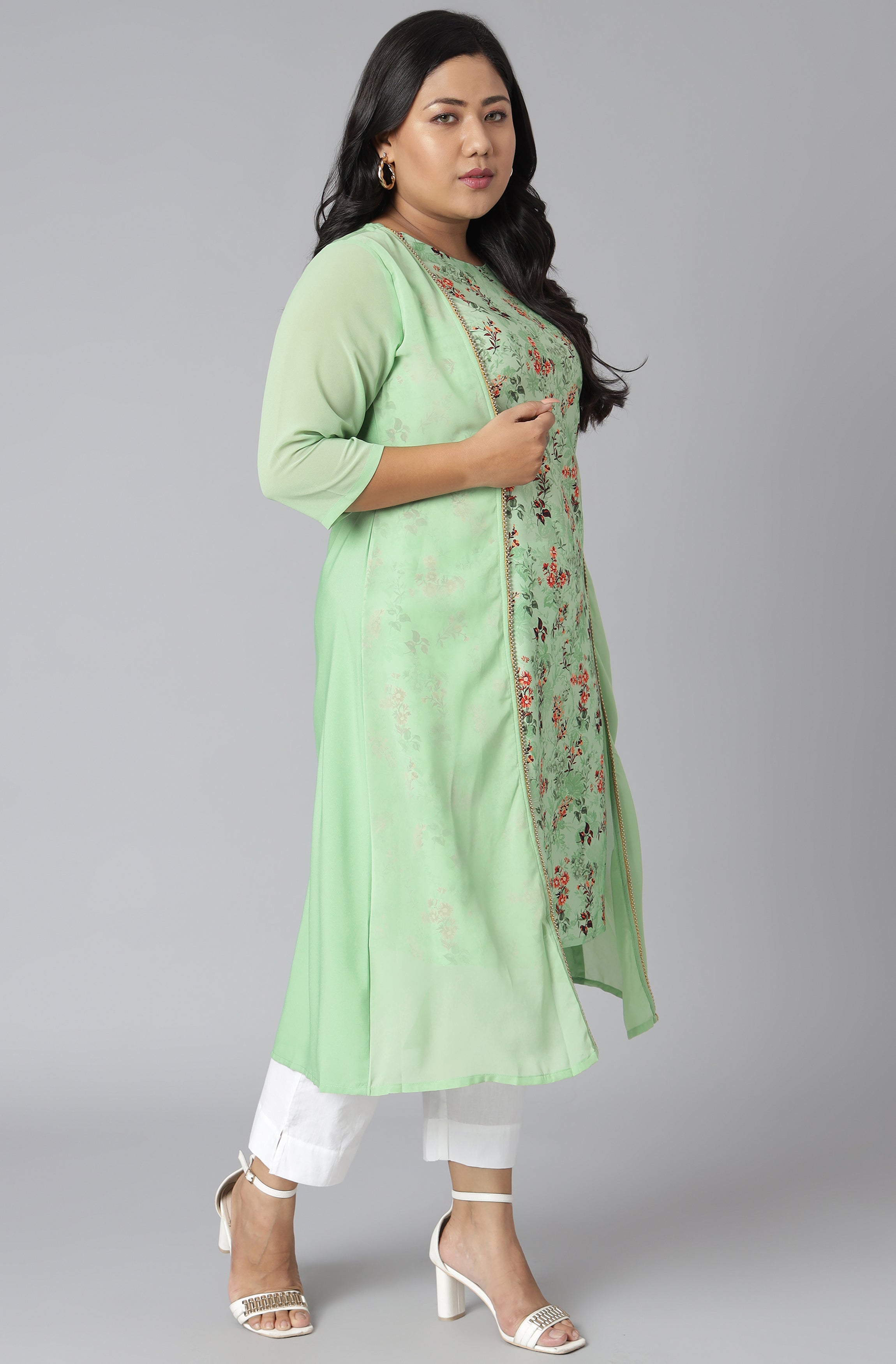 Janasya Women's Green Poly Crepe Floral Print Casual A-line Kurta | Grocsy