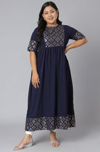 Janasya Women's Dark Blue Poly Crepe Foil Print Casual Flared Kurta | Grocsy