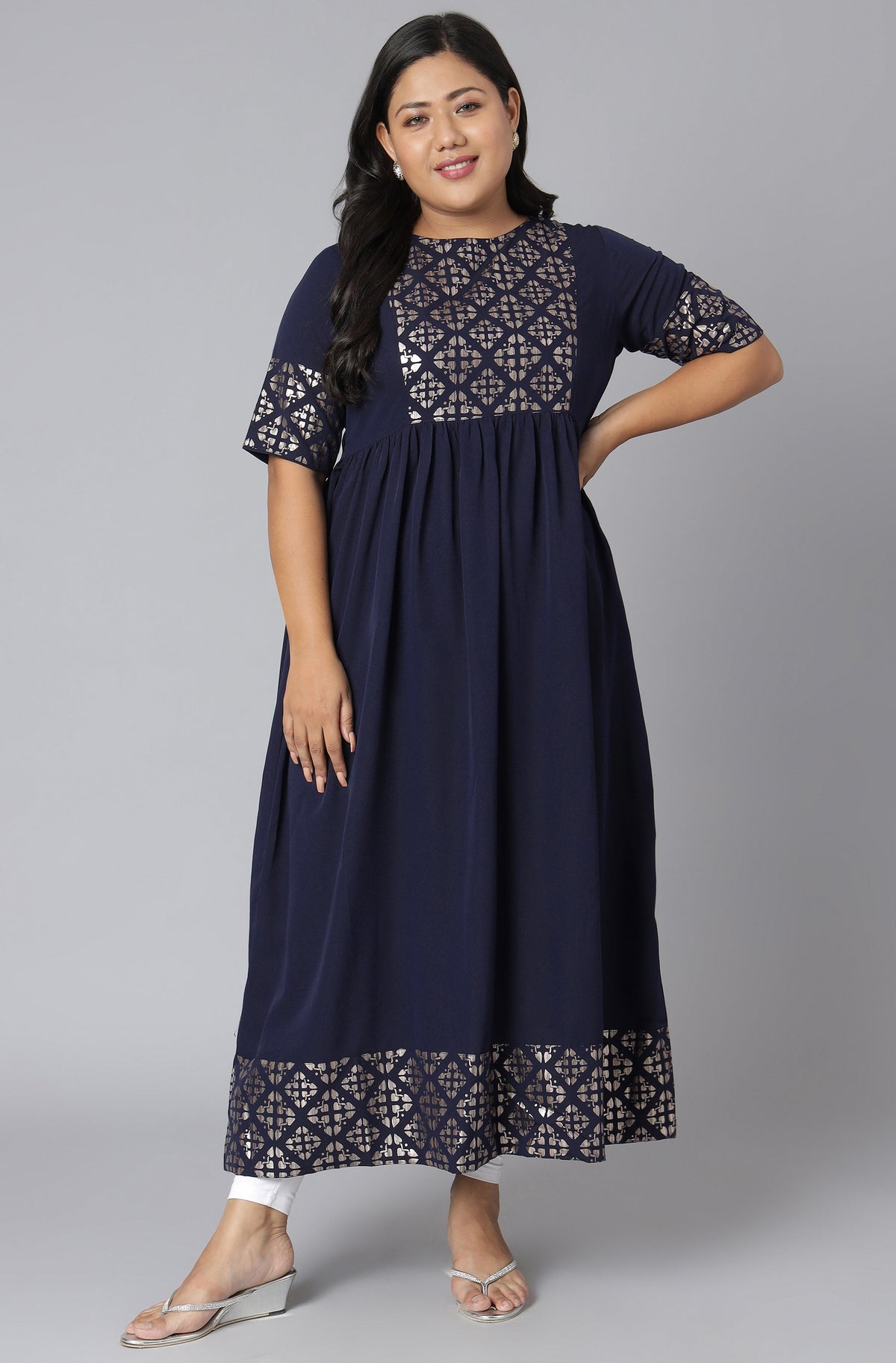 Janasya Women's Dark Blue Poly Crepe Foil Print Casual Flared Kurta | Grocsy