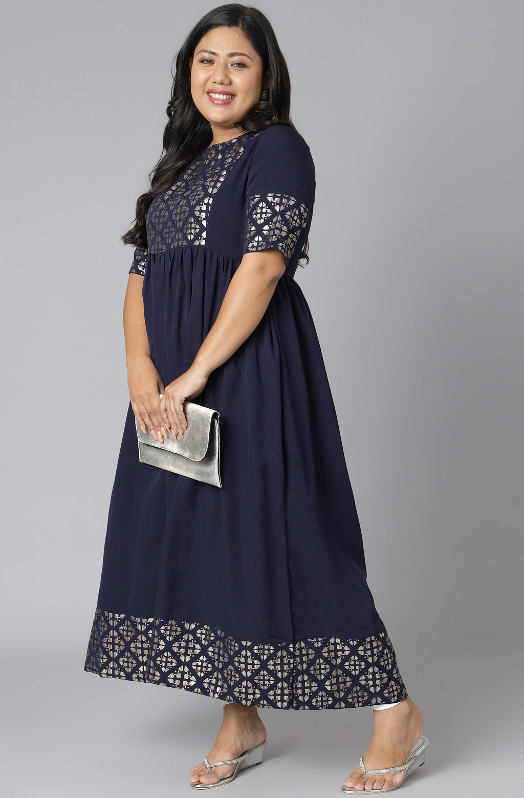 Janasya Women's Dark Blue Poly Crepe Foil Print Casual Flared Kurta | Grocsy