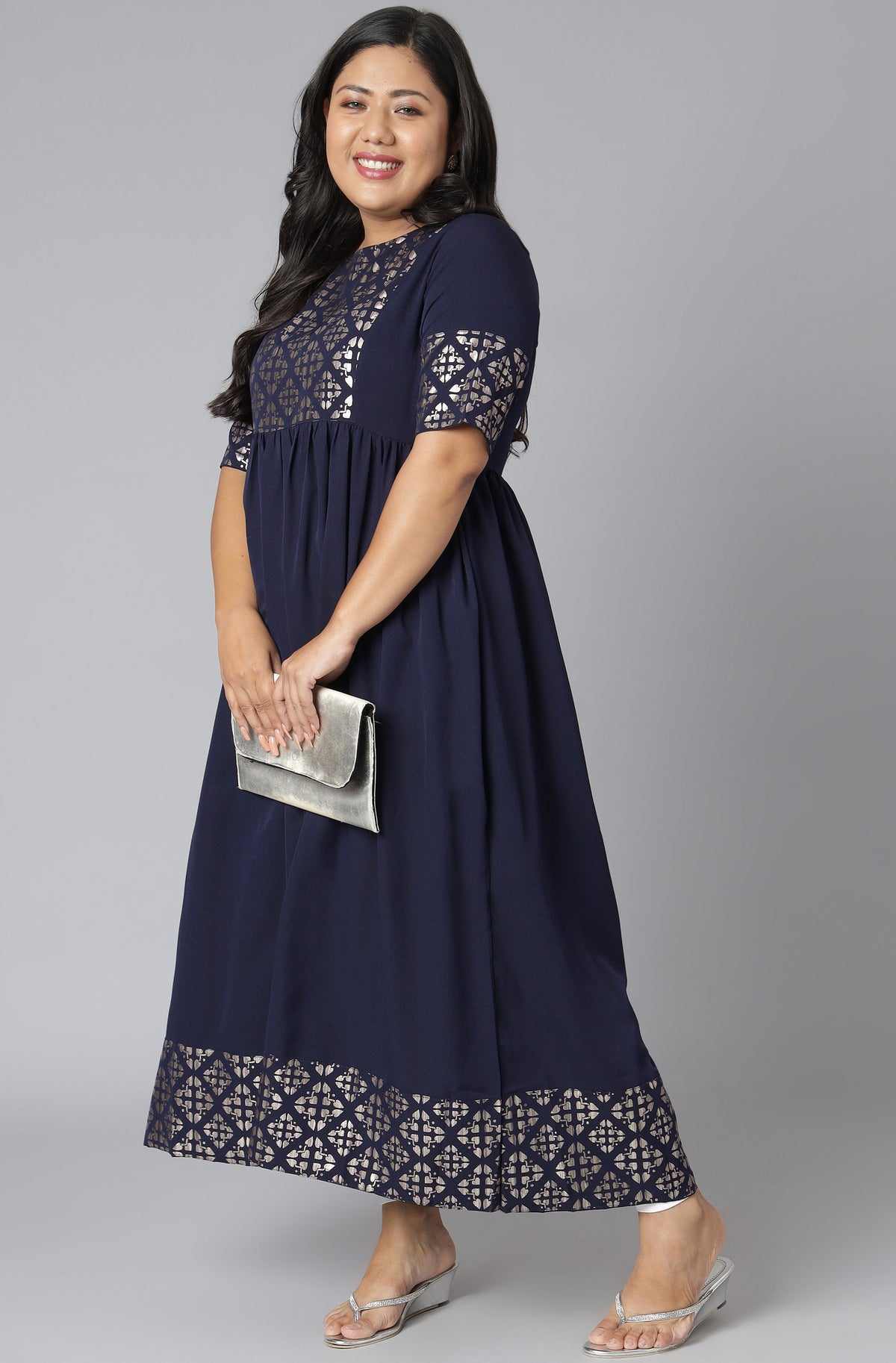 Janasya Women's Dark Blue Poly Crepe Foil Print Casual Flared Kurta | Grocsy