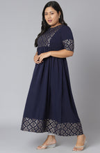 Janasya Women's Dark Blue Poly Crepe Foil Print Casual Flared Kurta | Grocsy