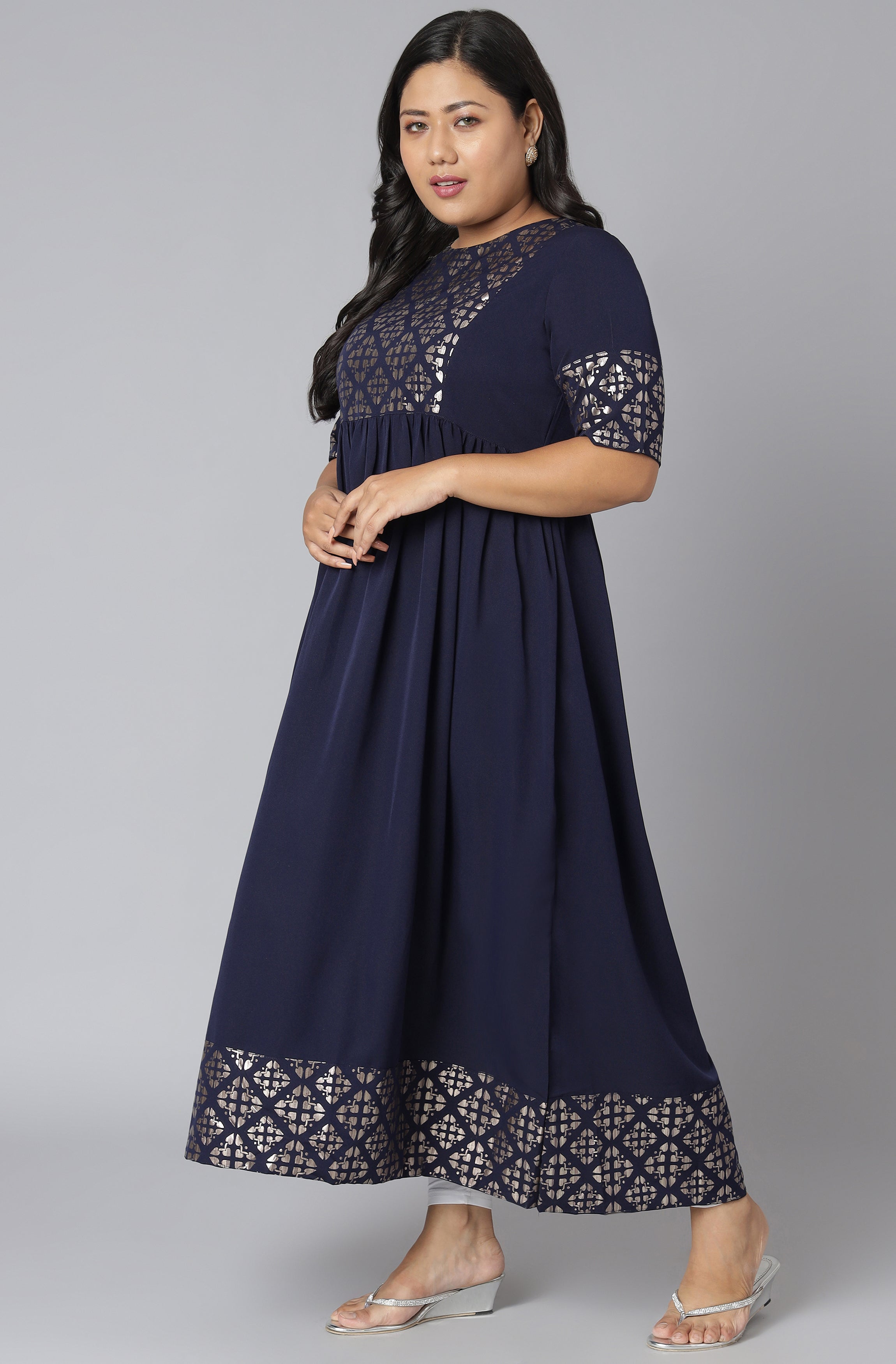 Janasya Women's Dark Blue Poly Crepe Foil Print Casual Flared Kurta | Grocsy