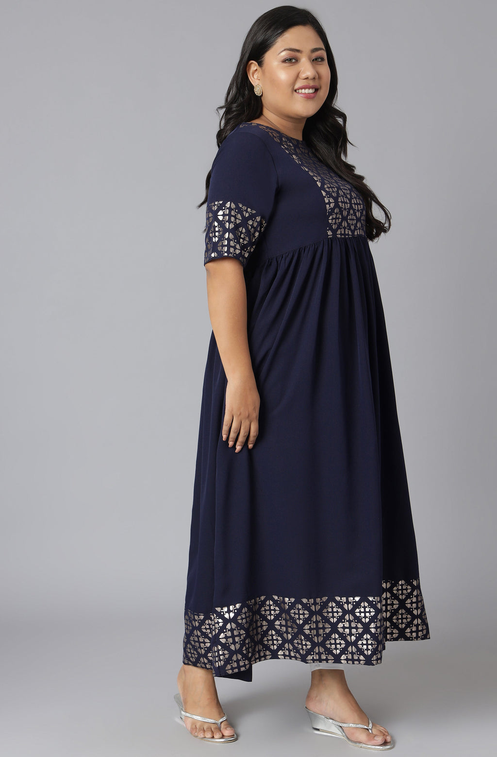 Janasya Women's Dark Blue Poly Crepe Foil Print Casual Flared Kurta | Grocsy
