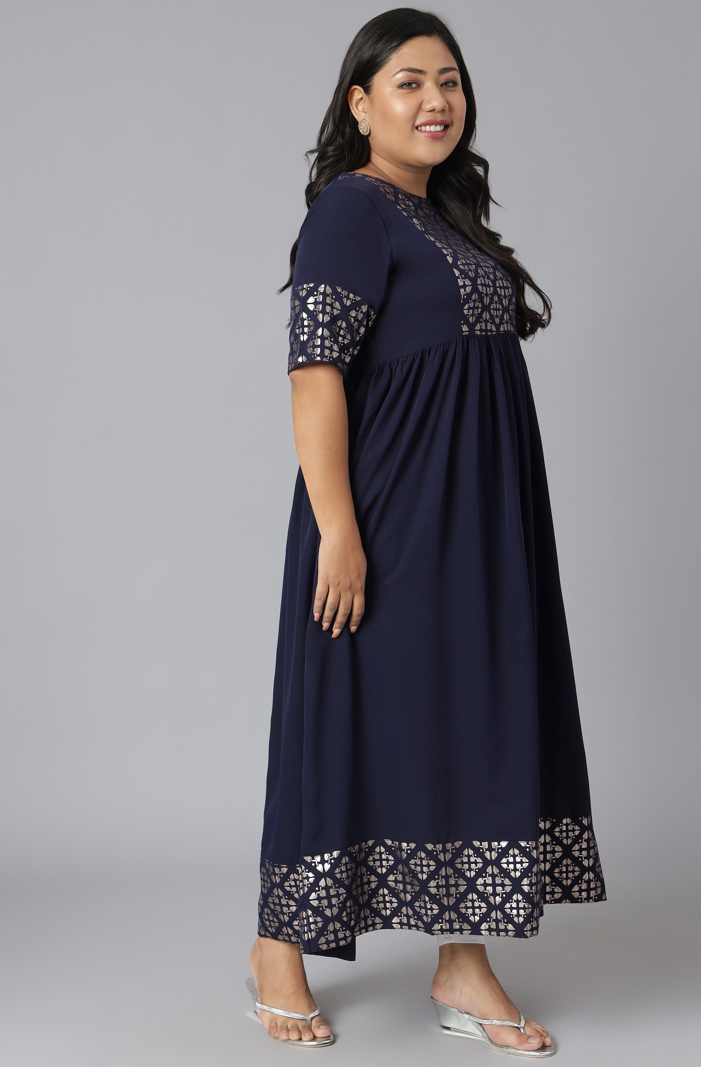 Janasya Women's Dark Blue Poly Crepe Foil Print Casual Flared Kurta | Grocsy