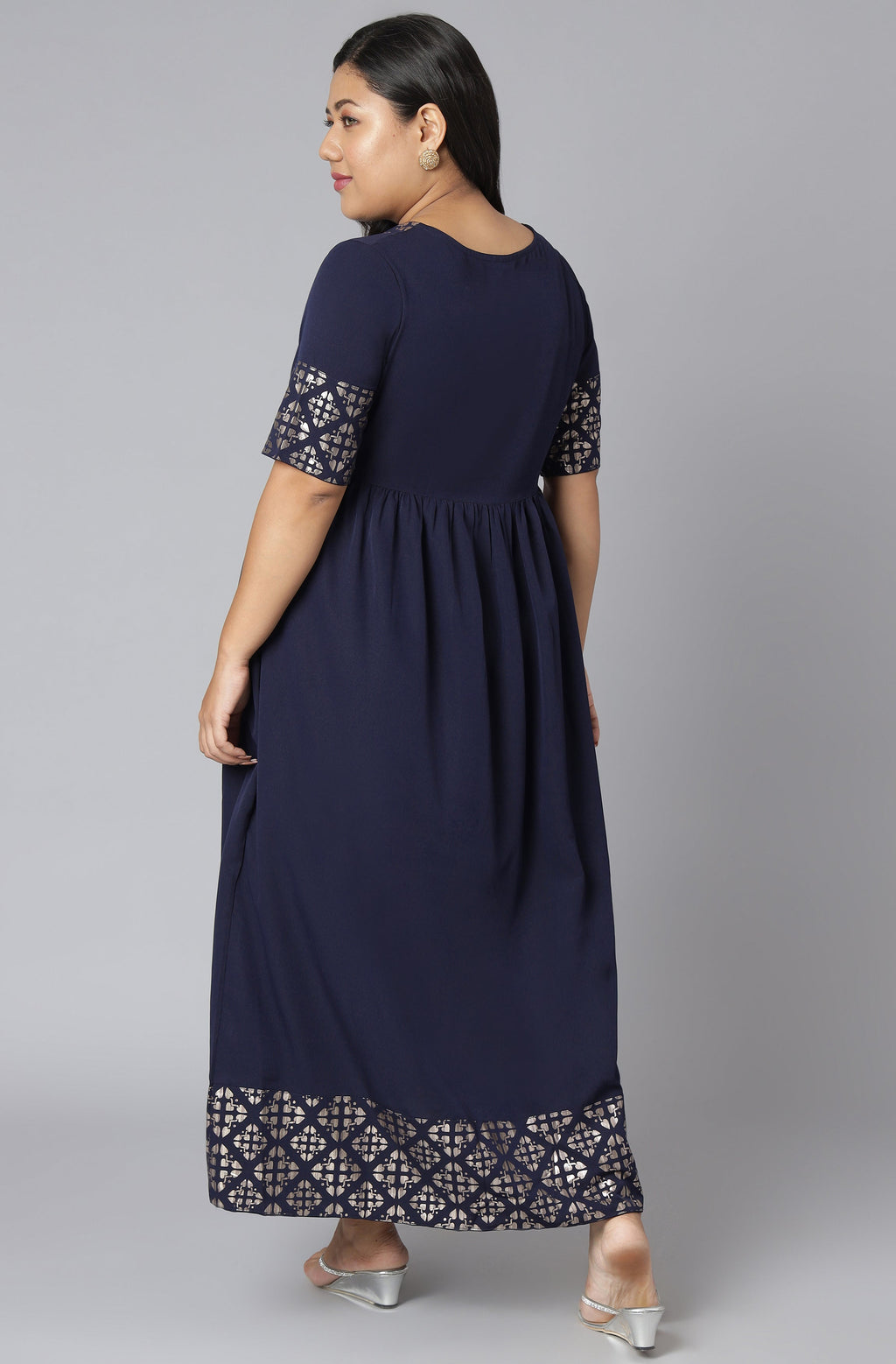 Janasya Women's Dark Blue Poly Crepe Foil Print Casual Flared Kurta | Grocsy