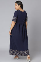 Janasya Women's Dark Blue Poly Crepe Foil Print Casual Flared Kurta | Grocsy