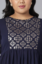 Janasya Women's Dark Blue Poly Crepe Foil Print Casual Flared Kurta | Grocsy
