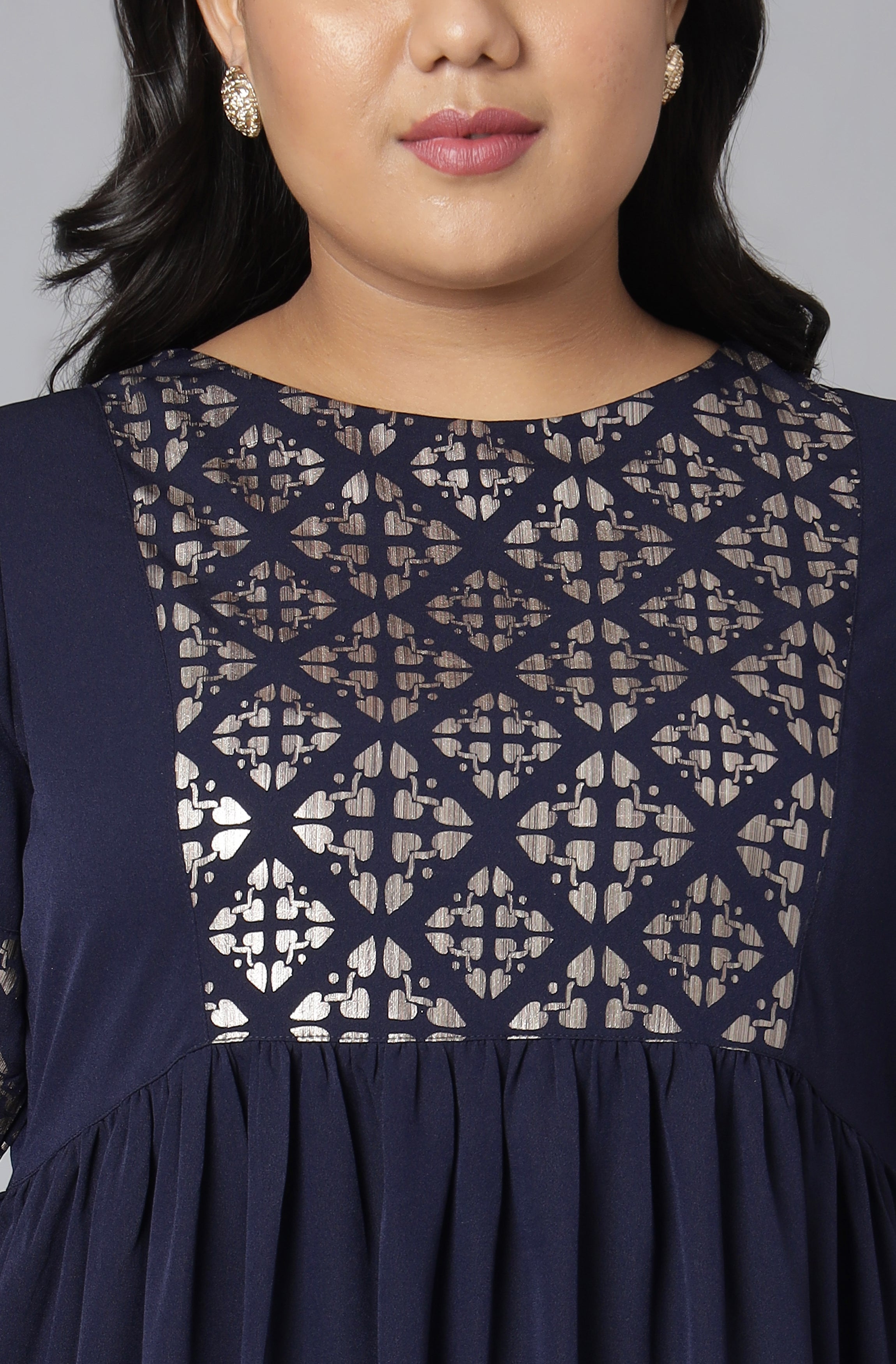 Janasya Women's Dark Blue Poly Crepe Foil Print Casual Flared Kurta | Grocsy