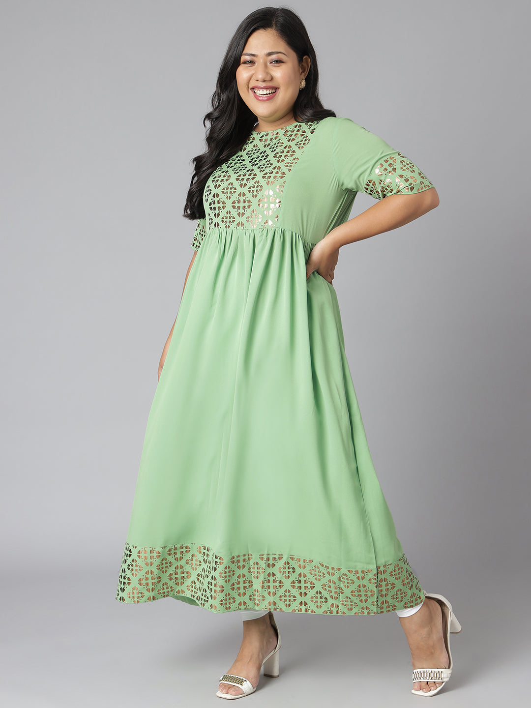 Janasya Women's Green Poly Crepe Foil Print Casual Flared Kurta | Grocsy