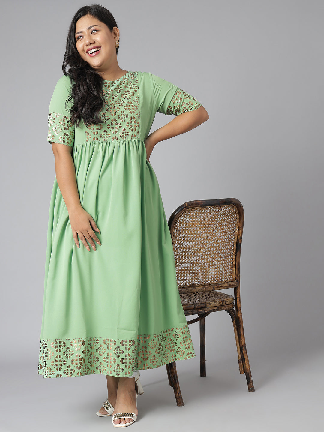 Janasya Women's Green Poly Crepe Foil Print Casual Flared Kurta | Grocsy