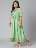 Janasya Women's Green Poly Crepe Foil Print Casual Flared Kurta | Grocsy