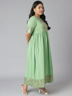 Janasya Women's Green Poly Crepe Foil Print Casual Flared Kurta | Grocsy