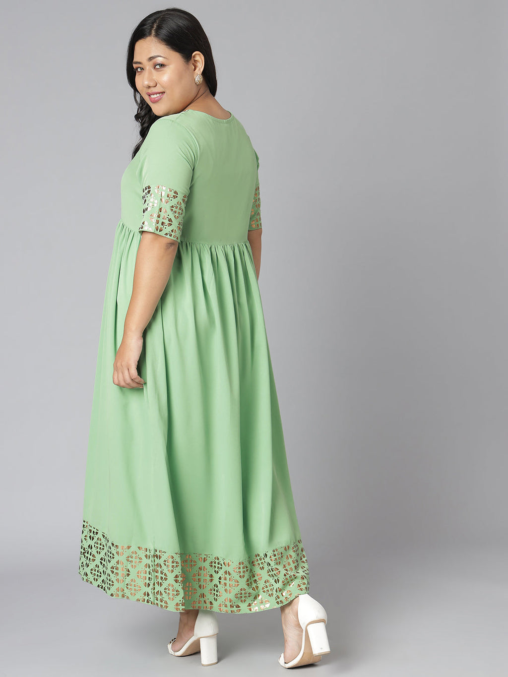 Janasya Women's Green Poly Crepe Foil Print Casual Flared Kurta | Grocsy
