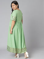 Janasya Women's Green Poly Crepe Foil Print Casual Flared Kurta | Grocsy