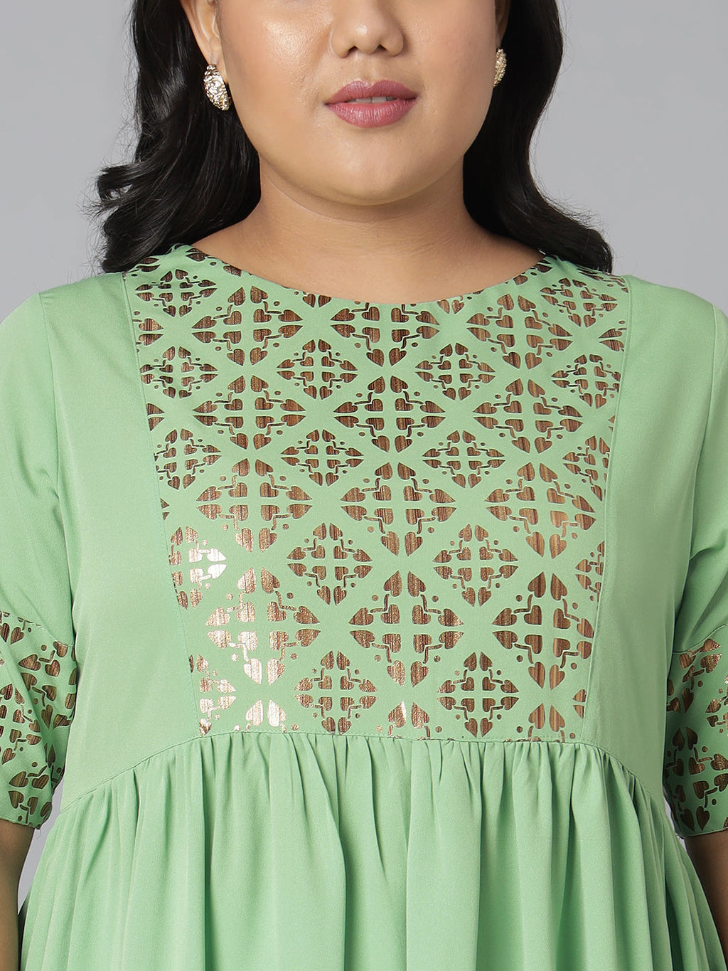 Janasya Women's Green Poly Crepe Foil Print Casual Flared Kurta | Grocsy