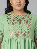 Janasya Women's Green Poly Crepe Foil Print Casual Flared Kurta | Grocsy