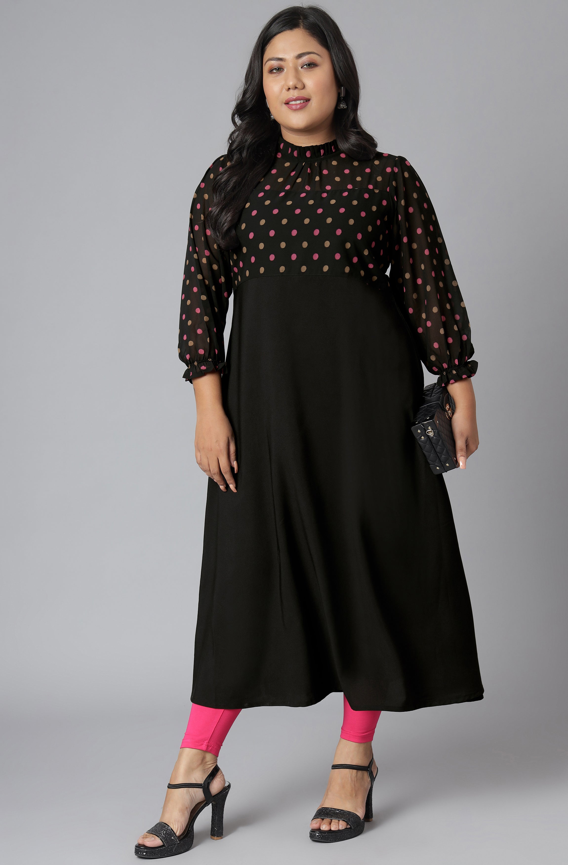 Janasya Women's Black Poly Crepe Polka Print Casual A-line Kurta | Grocsy